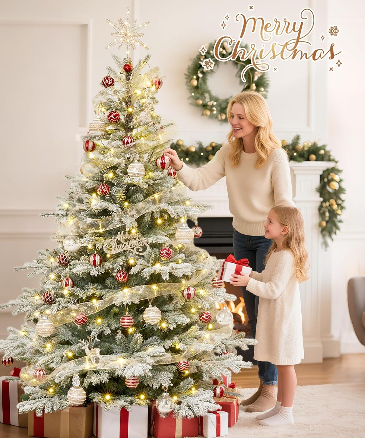 Decoway 5ft Artificial Christmas Tree, Unlit Snow Flocked Xmas Tree with 1081 Branch Tips and Sturdy Metal Stand for Indoor Outdoor Home Decoration