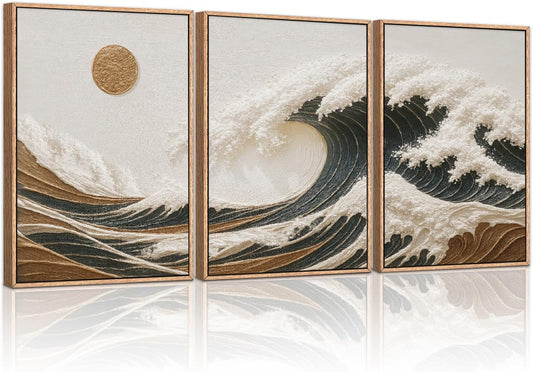 HLNIUC Sea Wave Framed Canvas Wall Art,Abstract Sun Seascape Wall Decor Set of 3(16”x24”) Large Modern Ocean Beach Art Print,Great Wave Sunset Pictures Canvas Famed Painting for Living Room,Bedroom