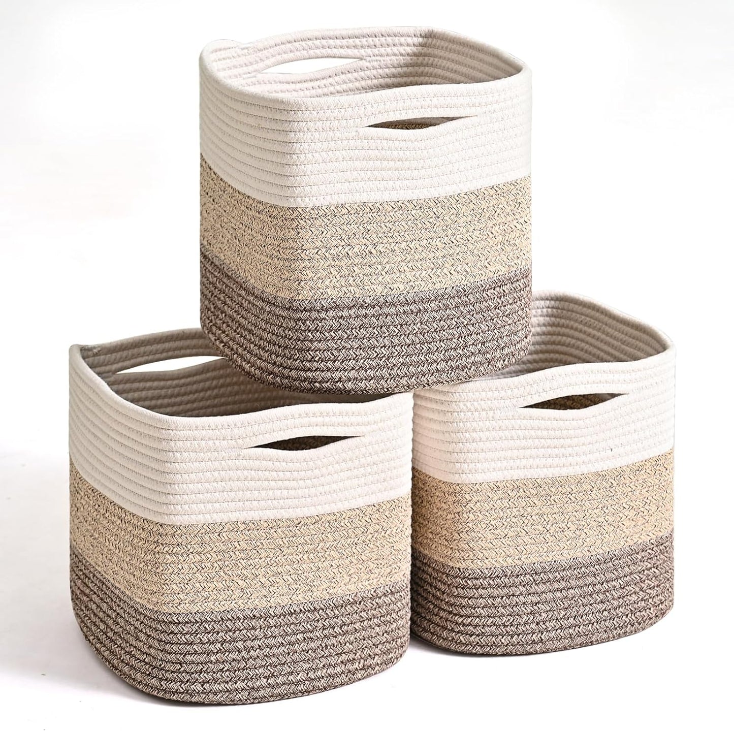 11 Inch Cube Storage Bins, Storage Cube Organizer Bins, Woven Cotton Rope Baskets for Storage, Storage Basket for Organizing Shelves, Square Baskets for Toys, Gradient Brown (Pack of 3)