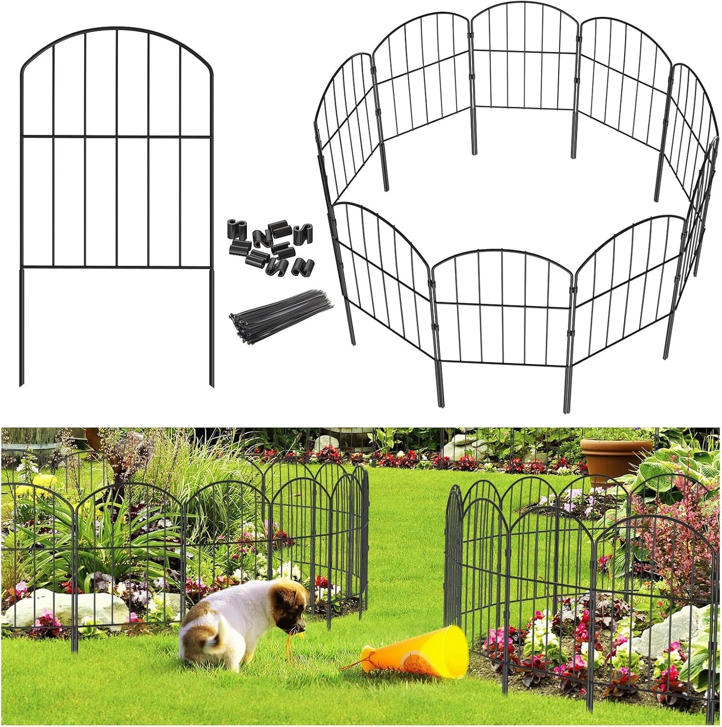 Goovilla Garden Fence, Total 10ft(L) x 24in(H) Garden Fencing Animal Barrier, 10 Pcs Rustproof Metal Fence Panels, Black No Dig Fence, Decorative Garden Fences and Borders for Dogs, Flower Bed, Patio