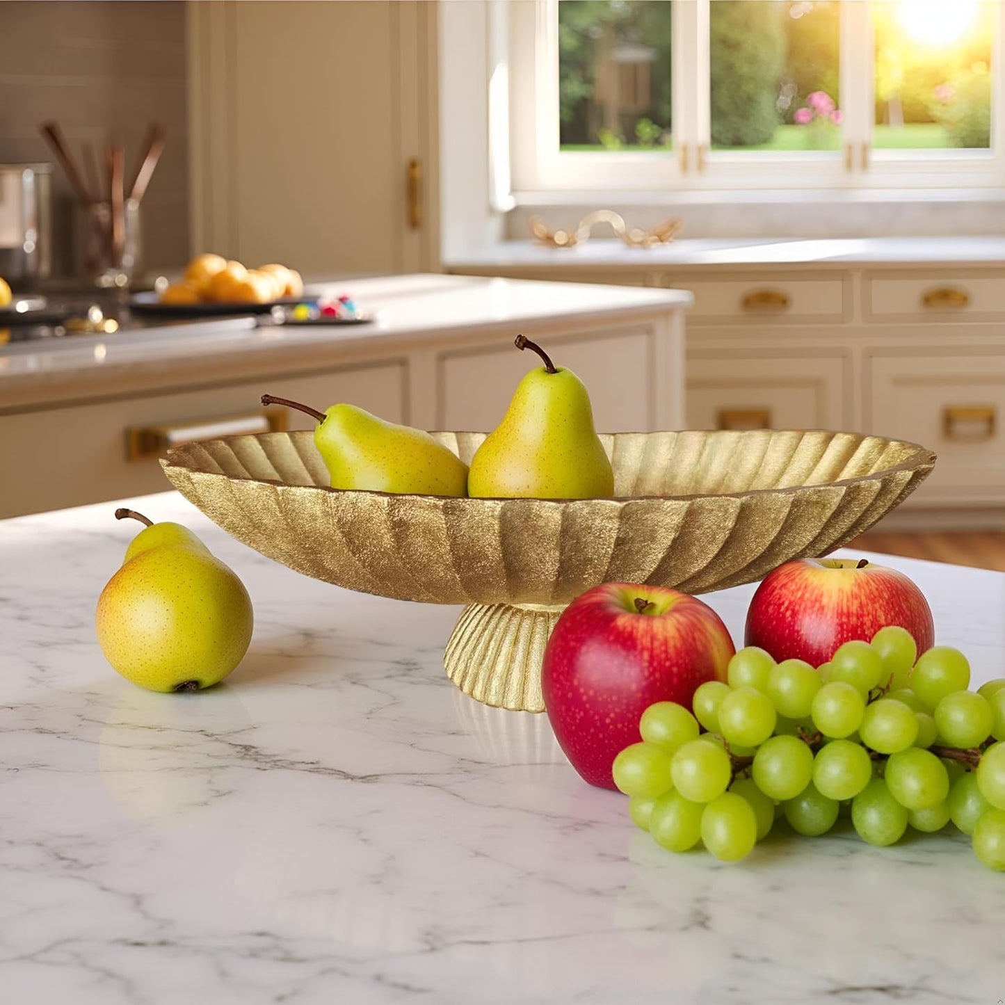 14.5" Large Decorative Long Bowl decor - Fluted Scalloped Decorative Bowls for Home Decor - Ruffle Decor,Stylish Key Bowl for Entry Table,Decorative Fruit Bowls for Kitchen Counter,Golden