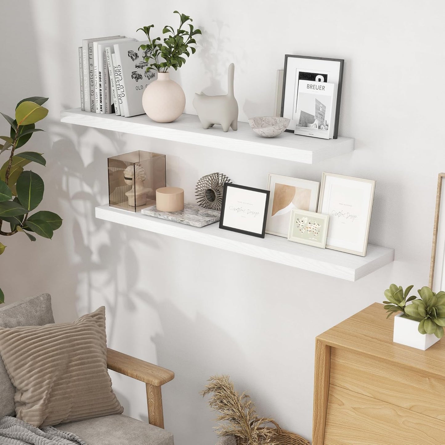 Fun Memories Floating Shelves 48 Inch Set of 2, White 48 x 9 Wall Shelves for Home Decor Storage, Rustic Wood Floating Shelf for Wall, 9 Inch Deep Shelving for Bathroom, Living Room, Kitchen