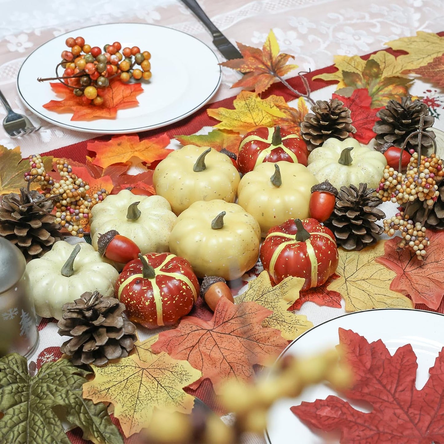 23Pcs Fake Pumpkins Fall Thanksgiving Decorations,Plastic Pumpkins with Acorns,Maple Leaves,Pine cones,Berries, Artificial Mini Pumpkin Decorating Harvest Home Decor Centerpiece Table Decorations