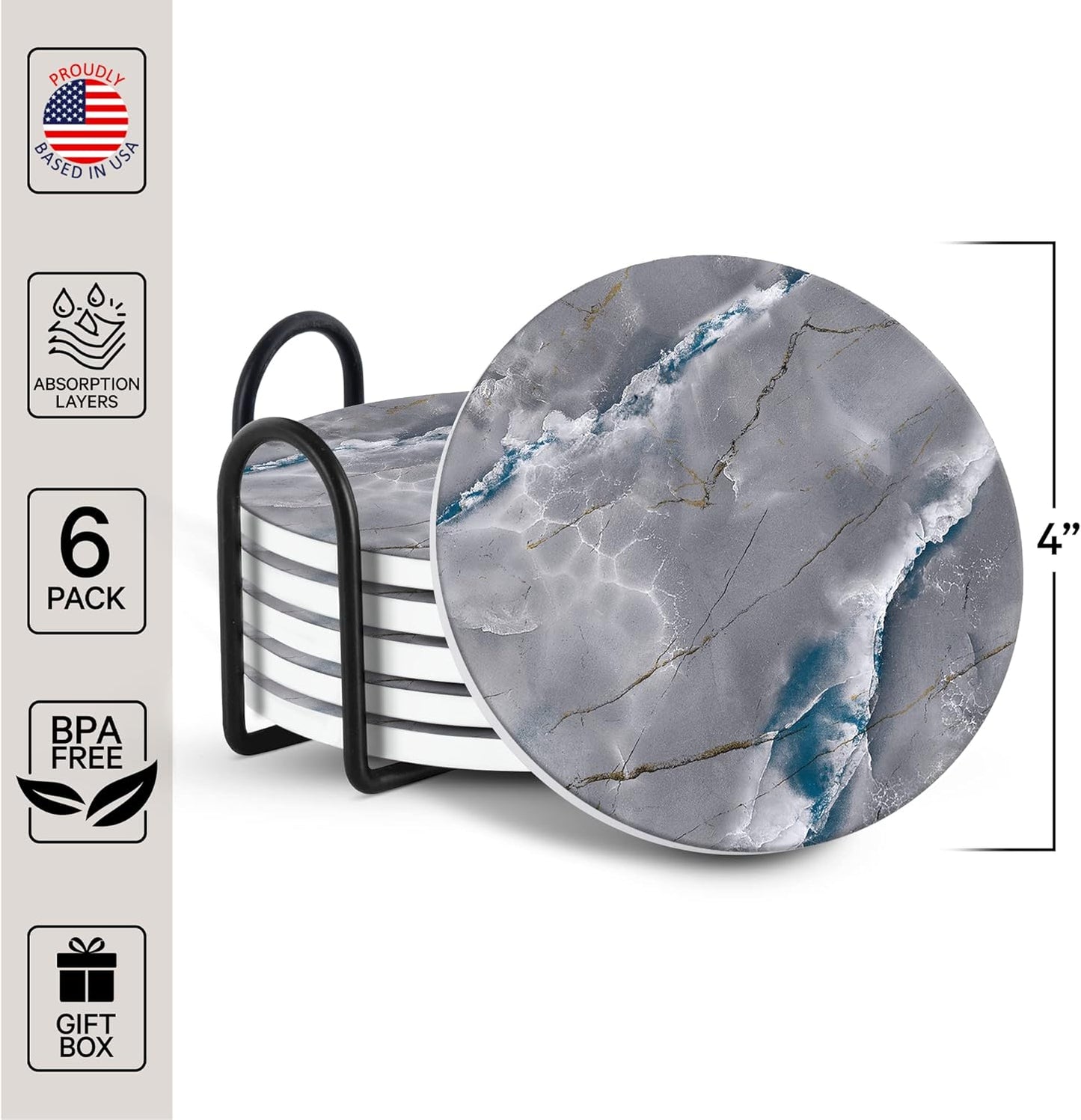 Emerson Coasters for Drinks Absorbent – Natural Stone Drink Coasters Set with Holder, Coasters for Coffee Table, Wooden Tabletop Protection Marble Style – 100% Heavy Duty Set of 6 (Graphite)