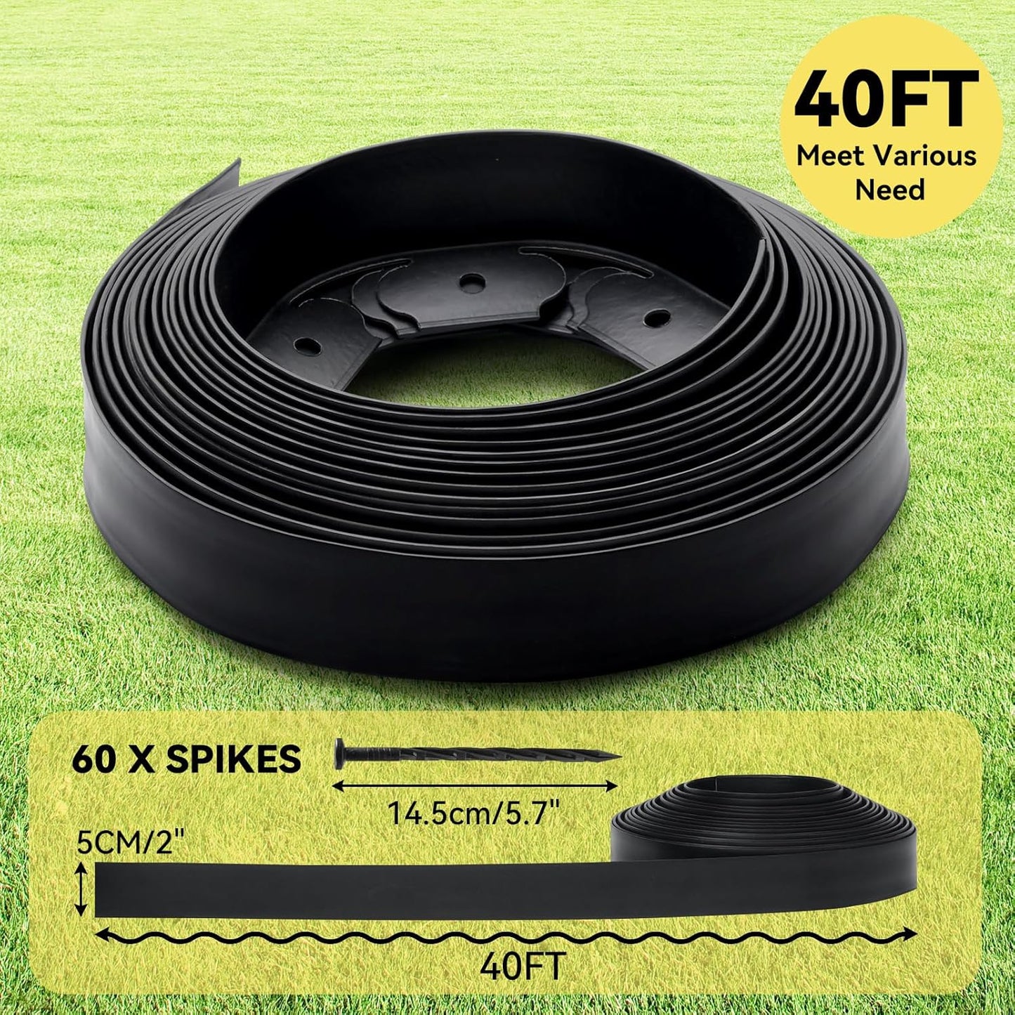 GOTGELIF No Dig Landscape Edging Border, 2'' Tall 40FT Garden Edging Kit with 60pcs Anchoring Stakes for Lawn, Flower Beds, Gardens and Yards (Black)
