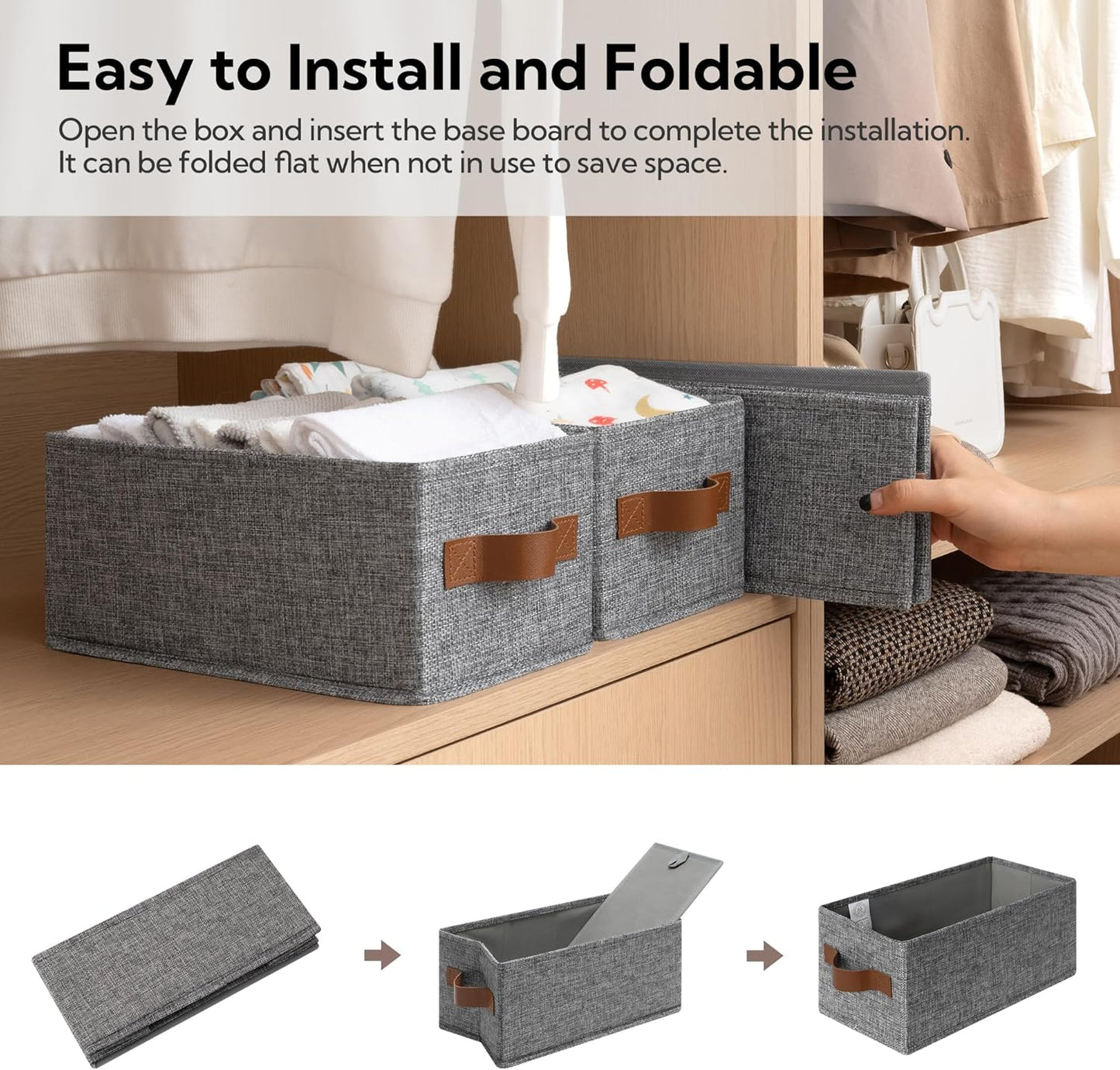 GRANNY SAYS Small Fabric Storage Bins with PU Handles, Storage Baskets for Shelves, Toilet Paper Storage, Narrow Baskets for Organizing DVD, Photos, Clothes, Diaper, Sock, Cd, 6-Pack, Gray