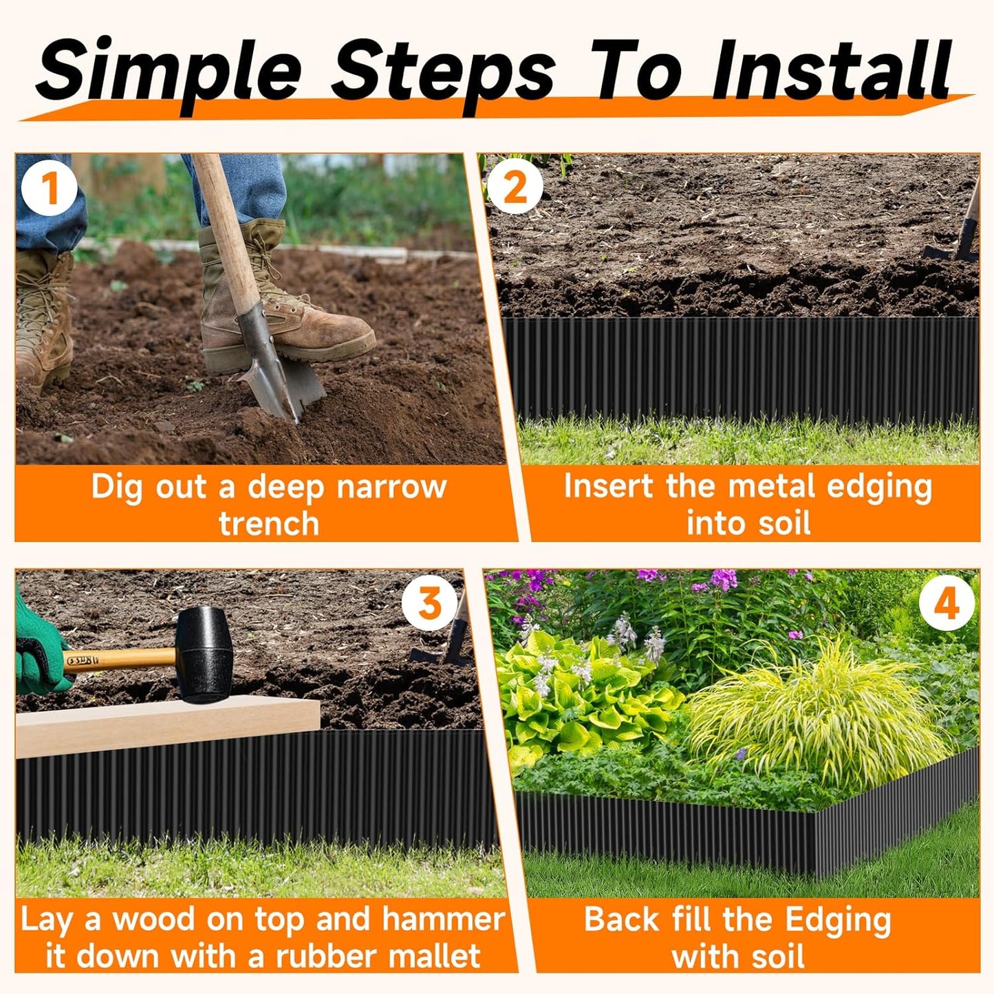 Corrugated Garden Edging,10"×20Ft Galvanized Steel Landscape Edging & Lawn Edging Border,Metal Garden Border for Flower Beds,Garden,Lawn,Raised Beds & Tree Surrounds(Black)