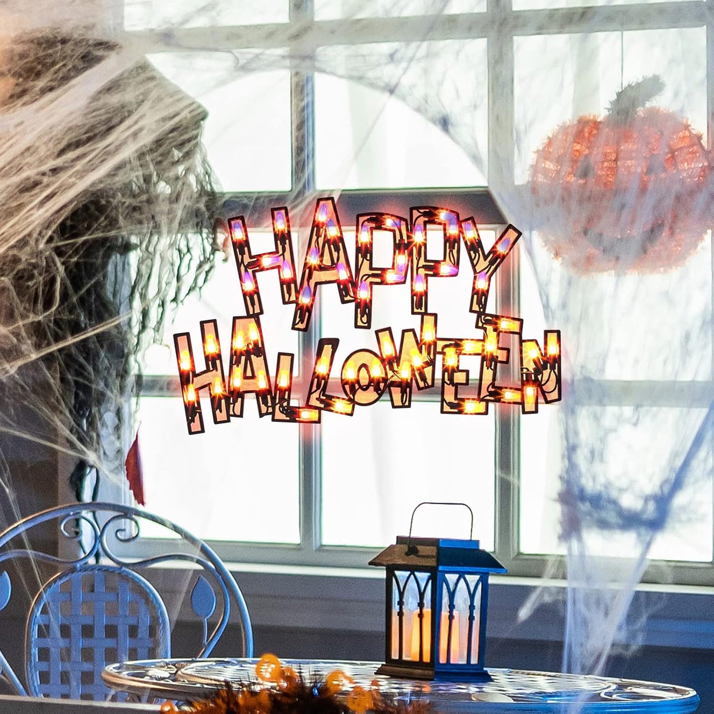 17" Lighted Happy Halloween Halloween Window Silhouette Decoration,Halloween Lighted Window Decoration,Hanging Light Up Holiday Ornament( Happy Halloween)