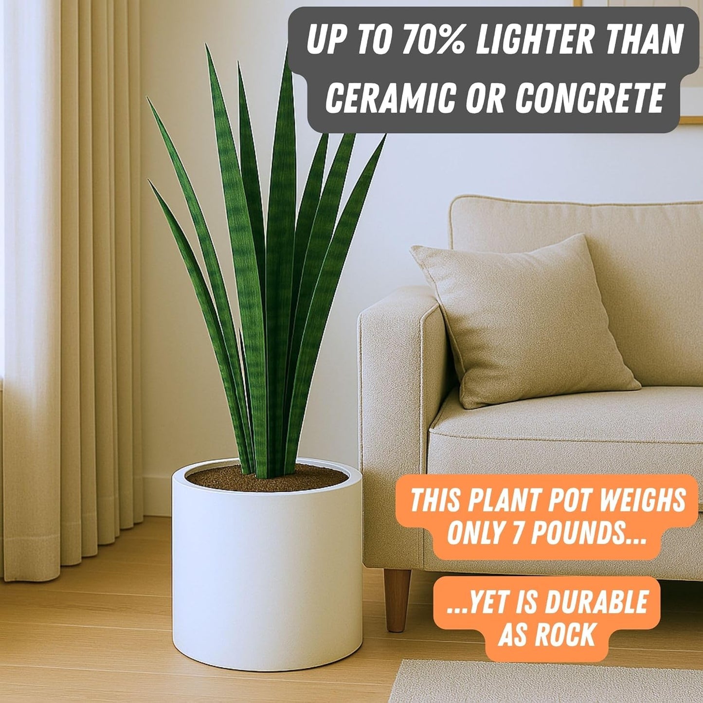 Fox & Fern Large 12 Inch Planter — Premium Lightweight Fiberstone Matte White Plant Pot w Drainage Plug; Large Indoor & Outdoor Planter; 12 Inch Pots for Plants Indoor; Weather & UV Resistant