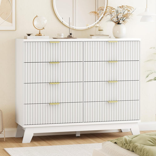Fluted Dresser for Bedroom with 8 Drawers, 48" Wide Modern Chest of Drawers with Metal Handle, Wooden Dresser TV Stand, Wood Closet Clothes Storage Drawer Organizer for Living Room, Hallway, White
