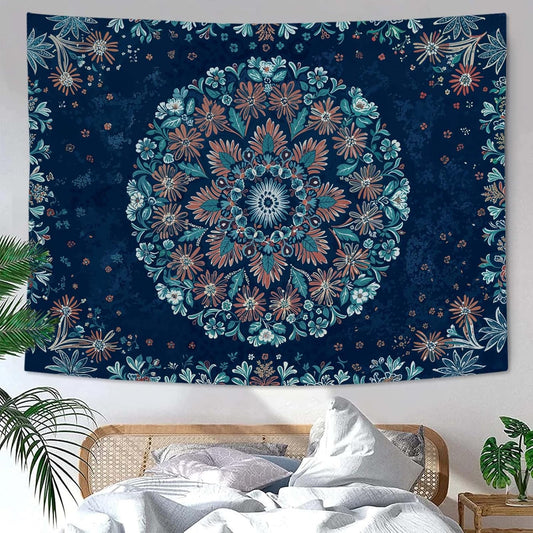 Fowocu Boho Floral Mandala Tapestry Wall Hanging Blue Bohemian Flower Medallion Tapestry Aesthetic Vintage Navy Hippie Indian Small Tapestries for Bedroom Living Room Dorm Decor 60 x 44 Inch