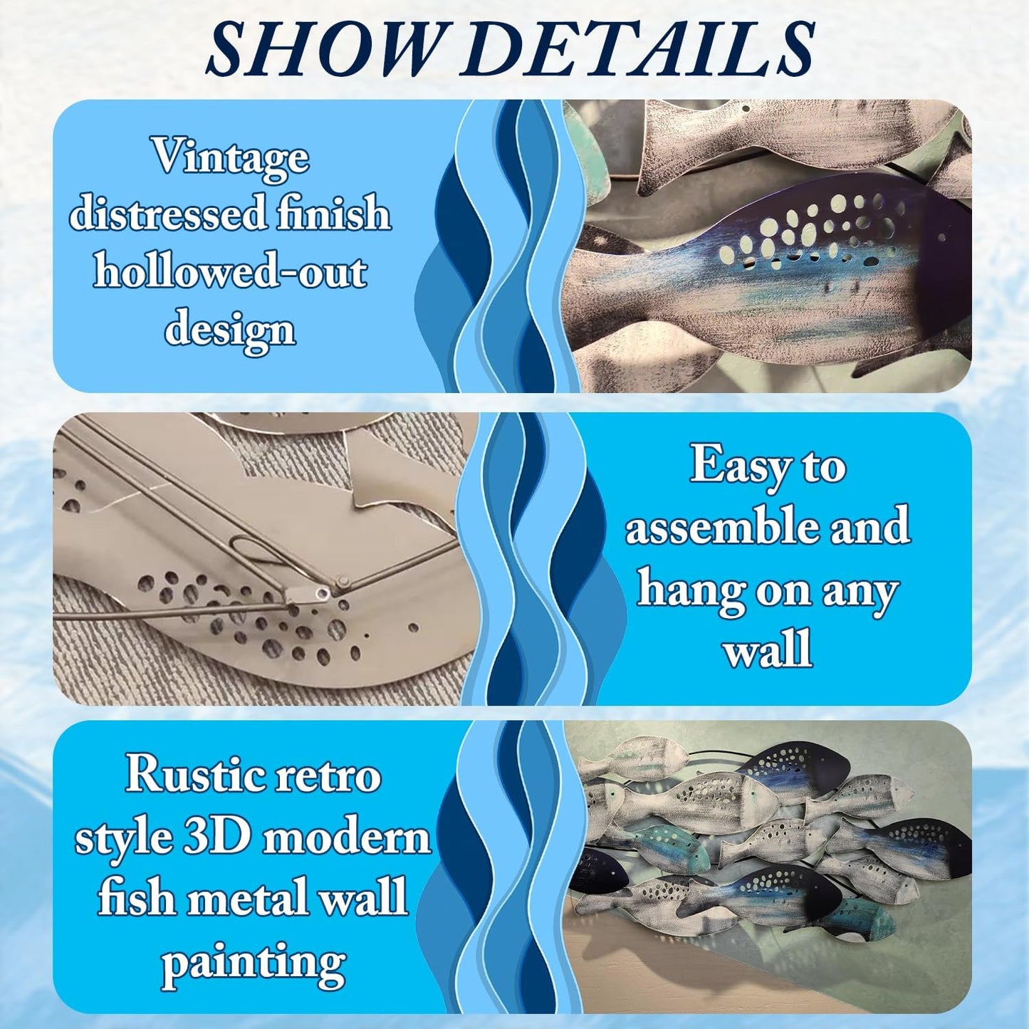 FMXYMC Coastal Ocean Metal 3D Fish Wall Sculpture, 50" x 20", Hand Painted Hanging Decoration for Living Room/Bedroom/Dining Room