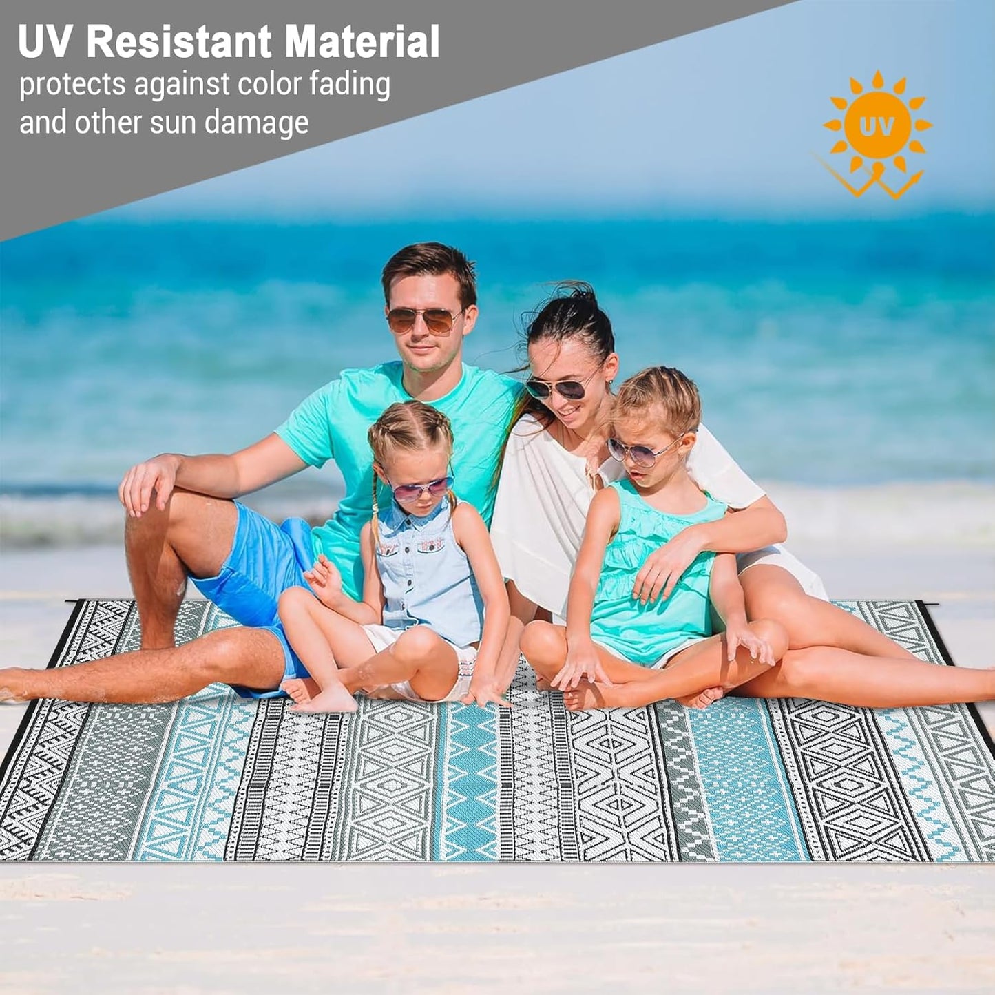 GAOMON Reversible Outdoor Rug 9'x18' Waterproof Plastic Straw Rug, Patio Rug, Large Modern Area Rug Carpet, Indoor Outdoor Rugs for Camping, Porch, Deck, Balcony, Backyard, Blue/Grey(Bohemia)