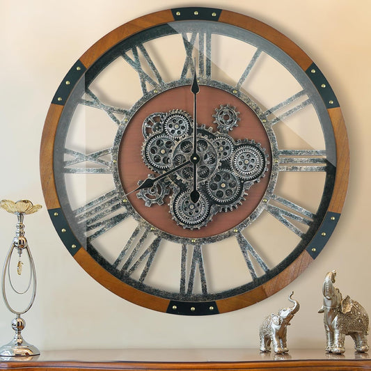 24 Inch Moving Gear Wall Clock, Oversized Wall Clocks, Clock Living Room Decor, Solid Wood Frame, Battery Operated, Large Wall Clock with Steampunk Industrial for Fireplace(Machilus)