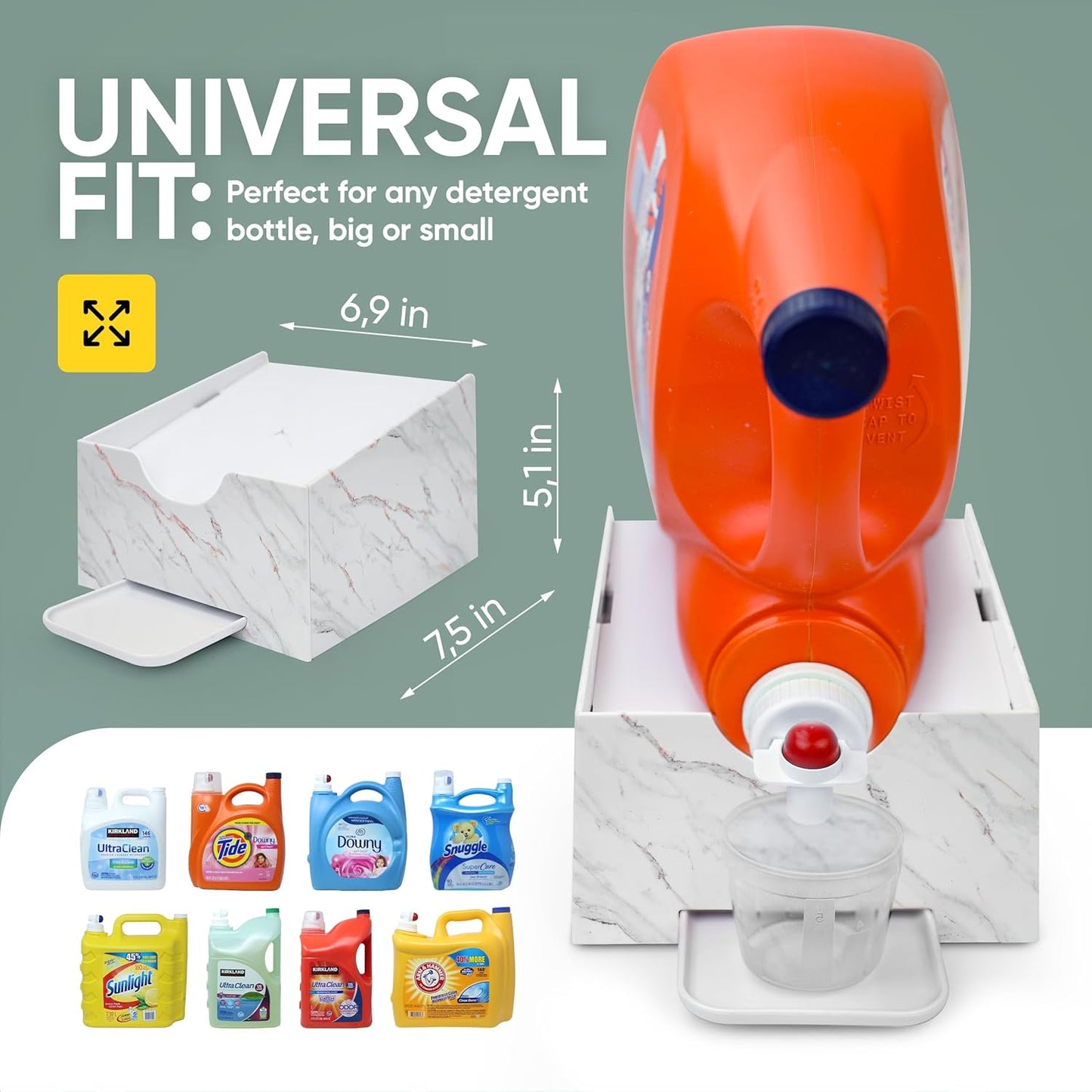 Skywin Laundry Room Organizer and Drip Tray - Soap Cup Storage for Liquid Detergent Containers (White Marble)