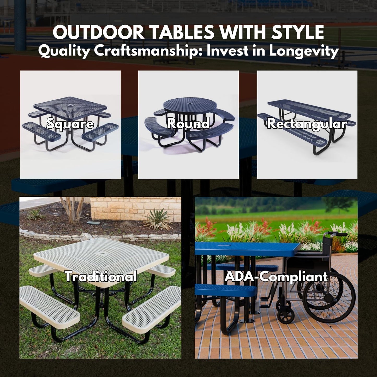 Heavy-Duty Portable Outdoor Picnic Table with Umbrella Hole, Punched Steel Commercial-Grade Patio Dining Furniture Made in America (46" Round Top, Textured Purple)