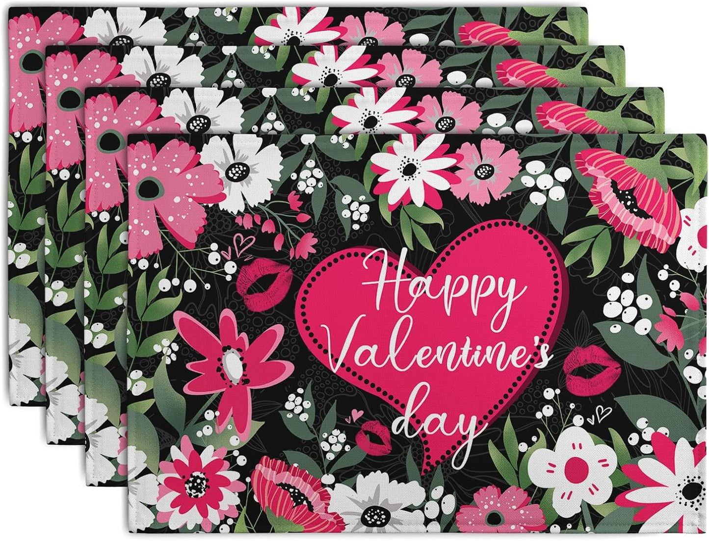 Happy Valentine's Day Placemats Set of 4 Valentine Flowers Love Heart Place Mats Pink Red White Floral Linen Table Mats Seasonal Black Placemat for Anniversary Wedding Party Kitchen Dining Decor