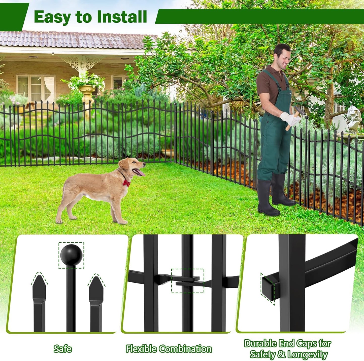 10 Panels No Dig Decorative Garden Fence - 32in H x 22.5ft L, Tall Heavy-Duty Square Tube Animal Barrier, Rustproof Metal Border Fencing for Yard, Outdoor Dog Playpen & Flower Beds