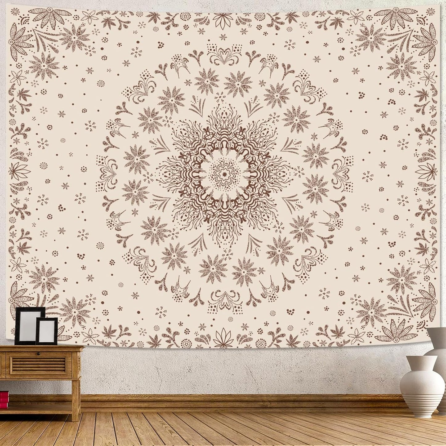 Fowocu Boho Floral Mandala Tapestry Wall Hanging Bohemian Flower Medallion Tapestry Aesthetic Beige Brown Hippie Indian Small Tapestries for Bedroom Living Room Dorm Decor 48 x 36 Inch