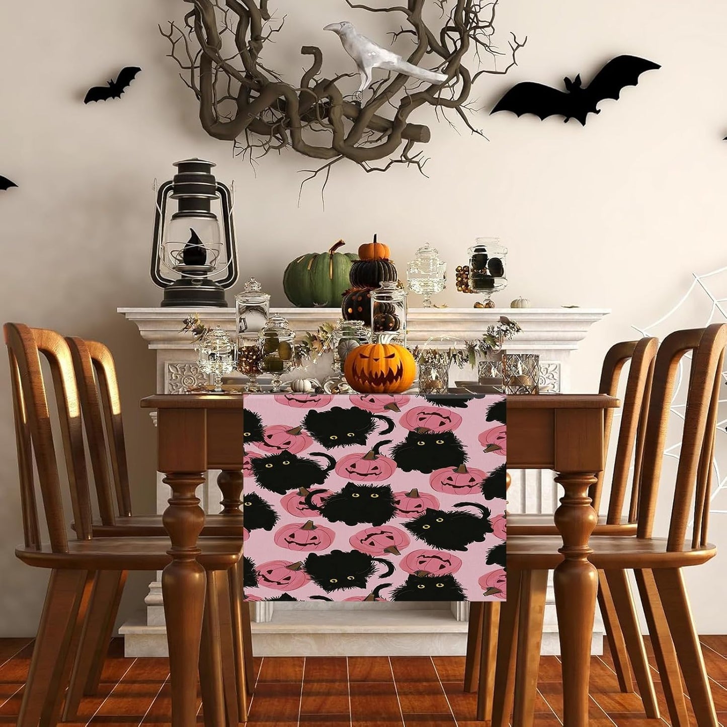 Halloween Table Runner Black Cat Pink Pumpkins Seasonal Kitchen Dining Table Home Outdoor Party Decorations 13x60 Inch