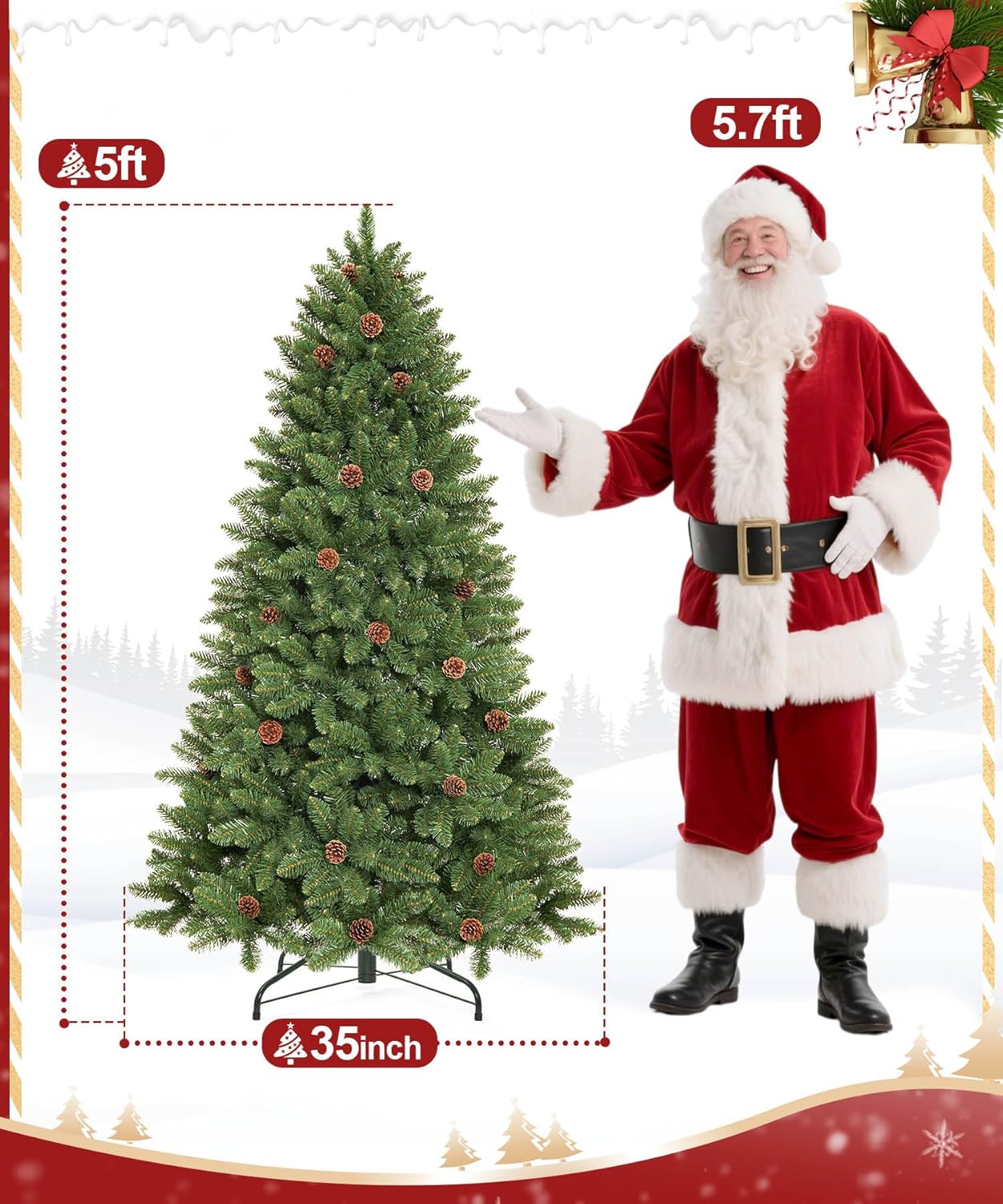 Decoway 5FT Artificial Christmas Tree: Unlit Green Xmas Pine with Pinecones and Metal Stand for Indoor - Holiday Decoration for Porch Living Room Easy Assembly