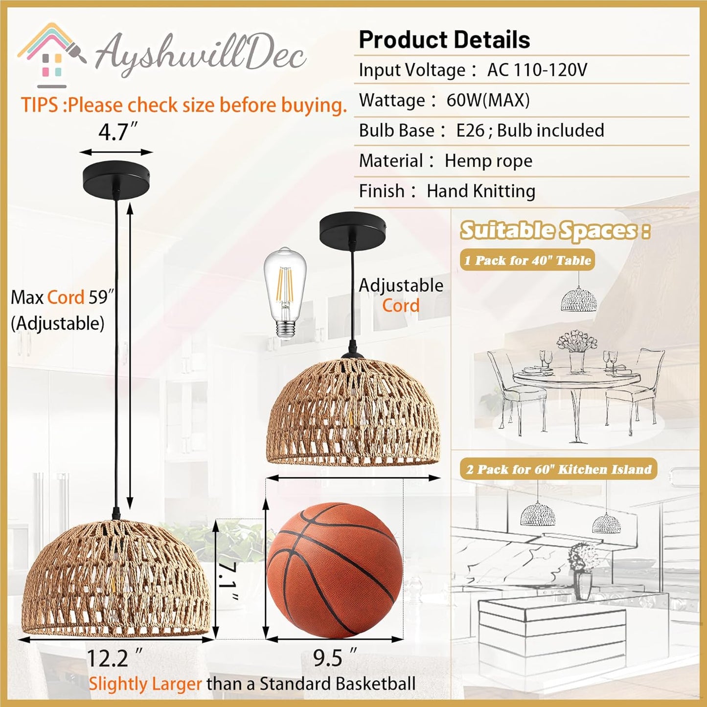 Hemp Rope Woven Pendant Light Woven Light Fixture Boho Chandelier Light Fixture Wicker Pendant Lights Rattan Lights Pendant Dome Wicker Chandelier for Dining Room Kitchen Island(Bulb Incl.