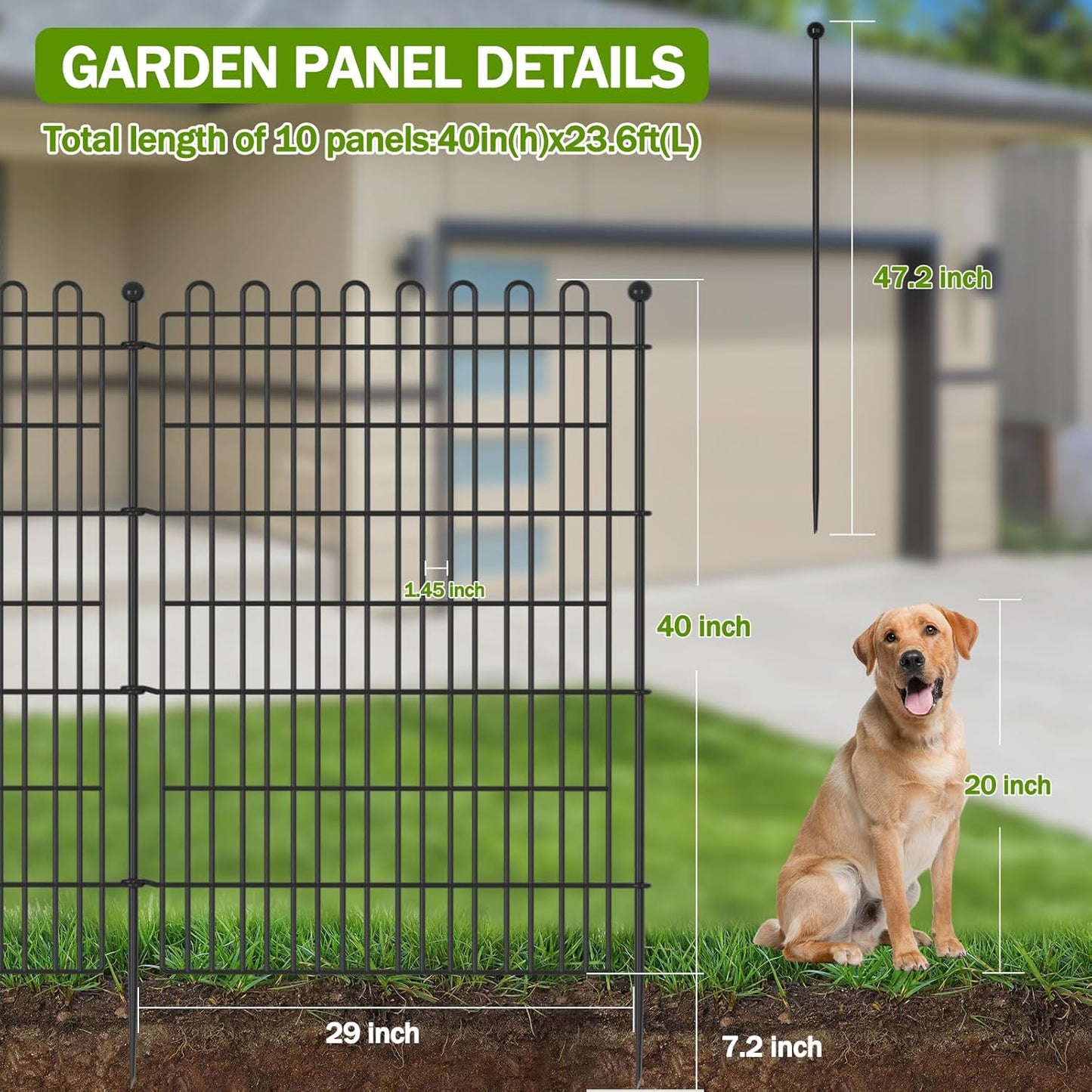 10 Panels No Dig Decorative Garden Fence with Gate for Yard, 40 in(H) X 23.6 ft(L) Animal Barrier Fencing for Outdoor Dog, Metal Portable Garden Fences for Borders, Pets, Landscape, Temporary Fence