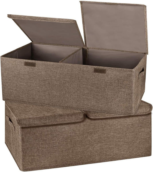 2 Pack Storage Boxes with Lids and Handles, Collapsible Linen Storage Bins Organizer Containers Baskets Cube with Removable Divider for Home Bedroom Closet Office (Coffee, Small)