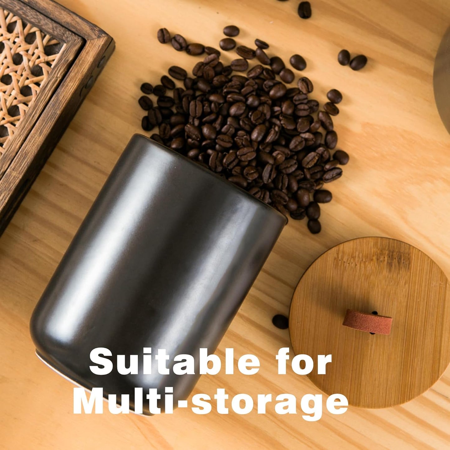 Black Ceramic Canister Set, 3pcs Ceramic Kitchen Canisters for Countertop with Airtight Wood Lids, Large Flour and Sugar Containers for Coffee, Tea, Spice