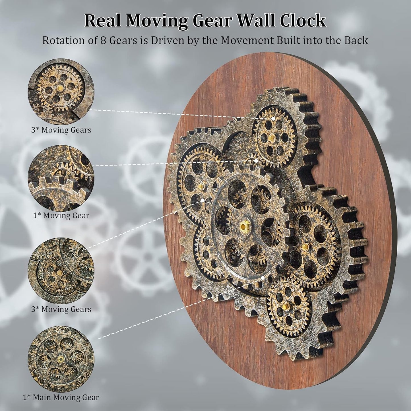 HOIBAI Large Wall Clock 24 Inch Large Clocks for Living Room Decor with Moving Gears Vintage Industrial Steampunk Farmhouse Big Clock for Home Kitchen Bedroom Office