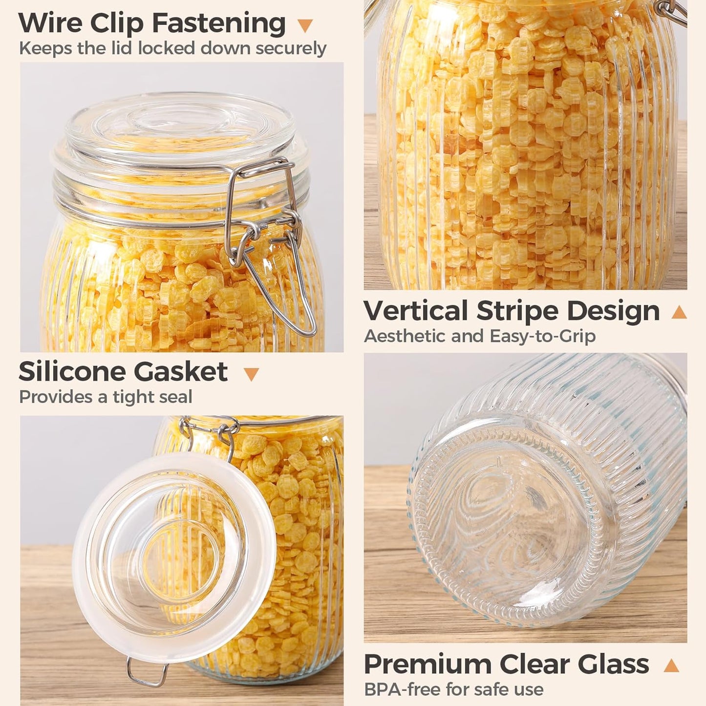 ComSaf Airtight Glass jar with lid 37oz Set of 3, Glass Storage Containers with Lids, Glass Canisters, Striped Clip Fastening Jar for Kitchen Canning, Tea, Pasta, Sugar, Beans, Cookie, Jam, Oat