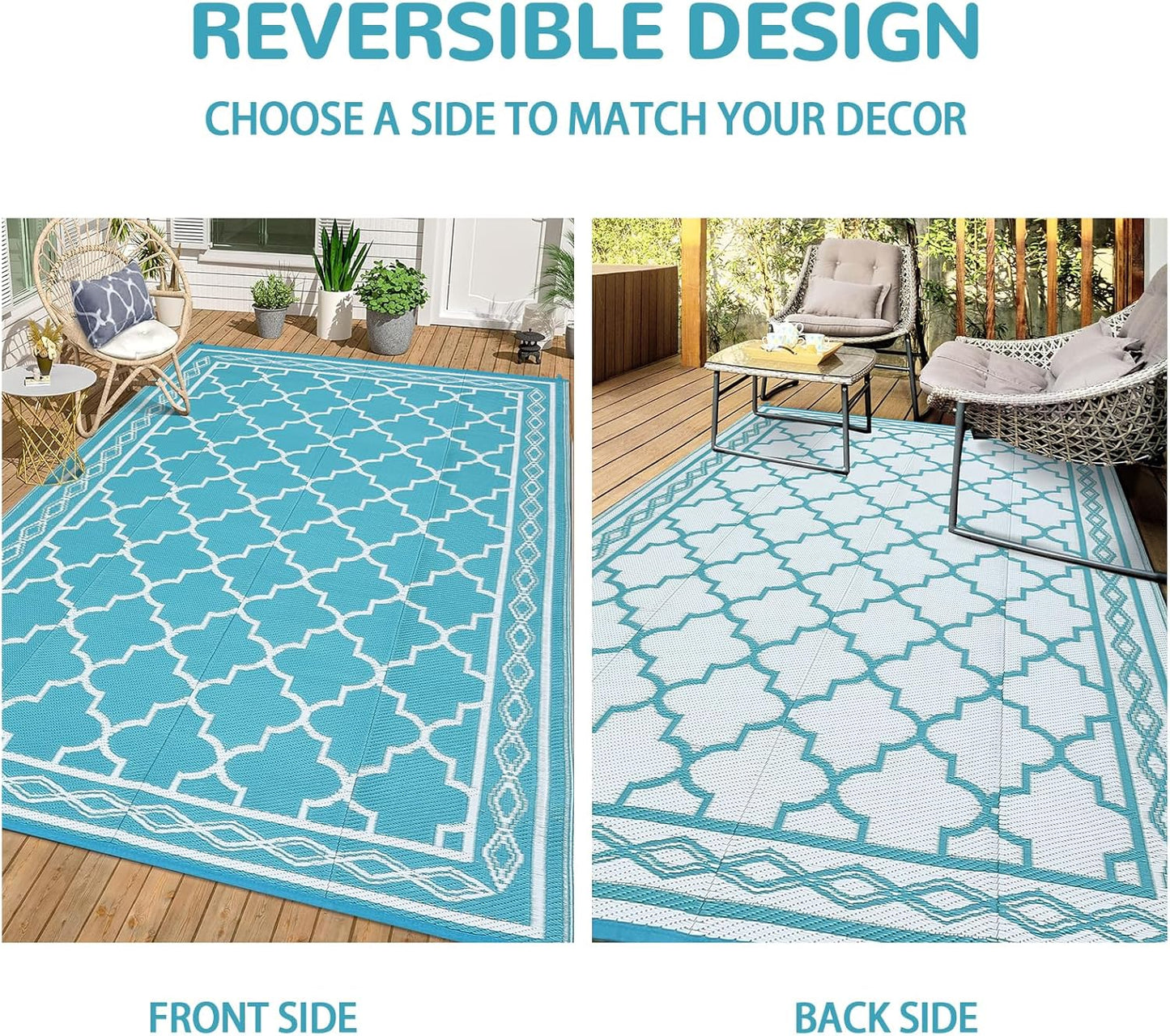 GAOMON Outdoor Rug Waterproof 8'x10', Reversible Outdoor Plastic Straw Rug, Boho Patio Rug, Indoor Outdoor Carpet, RV Mat Outside for Patio, Camp, Picnic, Balcony, Deck, Teal/White(Geometric)