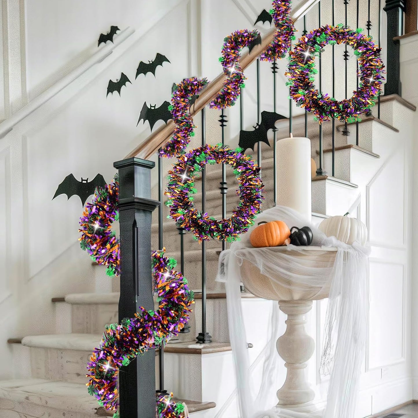 33 FT Halloween Tinsel Garland Decorations,Orange Purple Green Halloween Garland with Spider,Spider Web Shiny Metallic Garlands for Indoor Outdoor Decorations