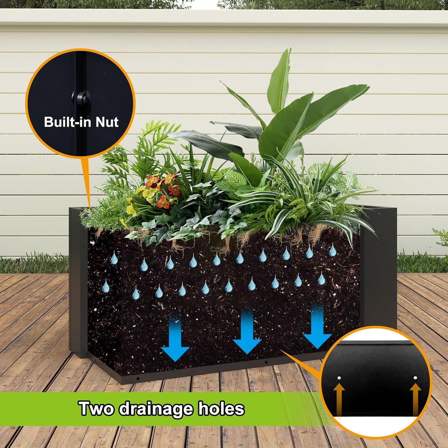 Galvanized Steel Planter Black Metal Outdoor Planter Powder Coated 32" x 12" x 16" Pot Metallic Heavy Pot Indoor & Outdoor, Commercial & Residential (L32 x W12 x D16, Black)