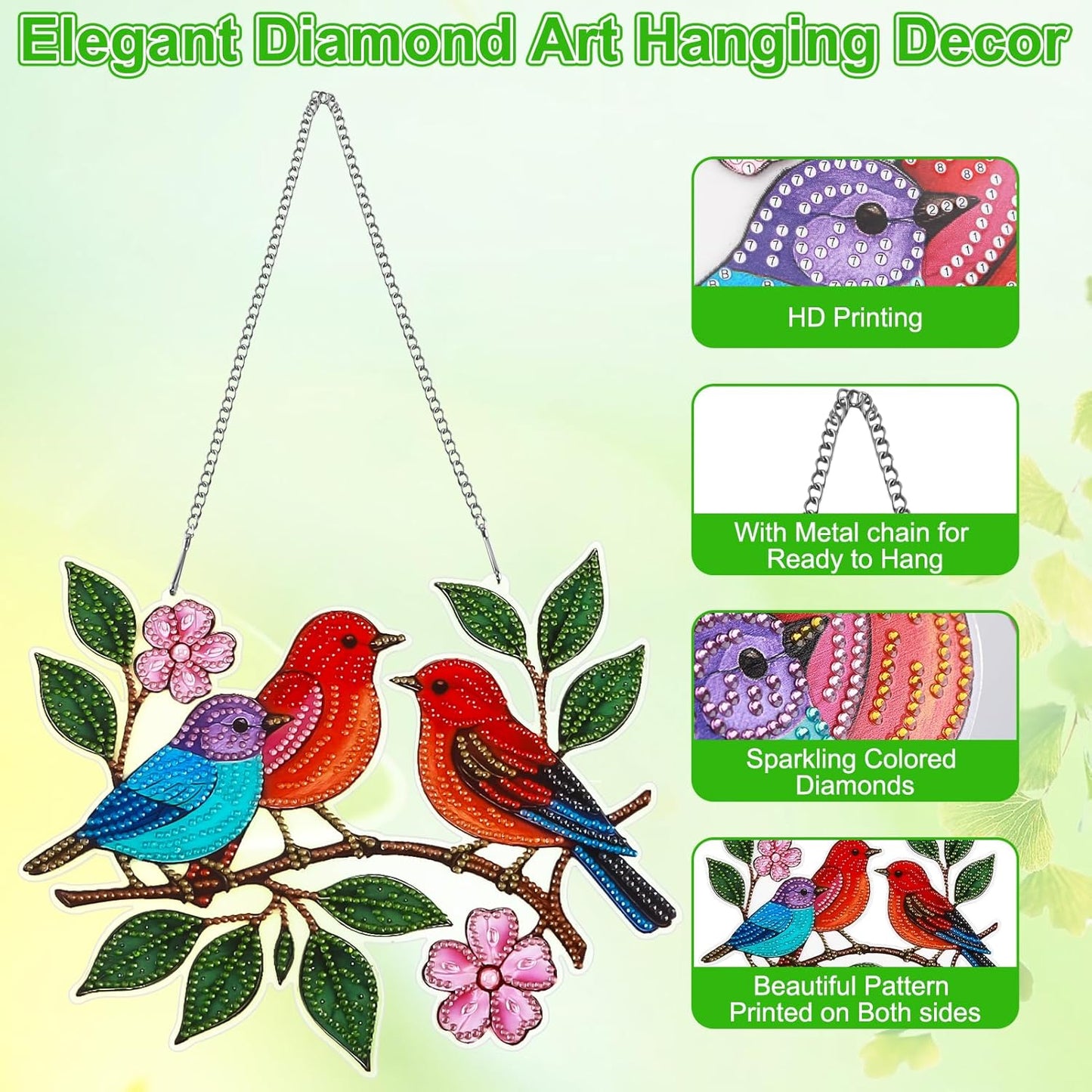 Diamond Art Suncatchers Hanging Kits, Hummingbird Diamond Art Painting Ornaments for Adults, Spring Birds Acrylic Board Gem DIY Painting Kit Window Wall Home Crafts Pendant Christmas Gift