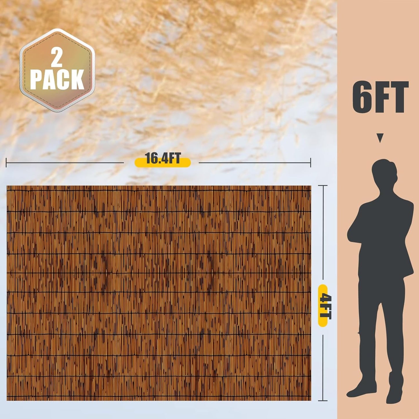 2 Pack Natural Reed Fence,4FT X 16.4FT Bamboo Fencing Privacy Reed Screening for Outdoor, Gallery, Restaurant, Hotel, Patio (Brown)