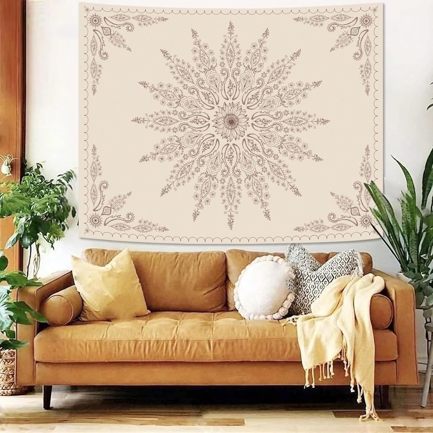 Fowocu Boho Floral Mandala Tapestry for Bedroom Aesthetic Bohemian Flower Wall Tapestry Beige Hippie Indian Small Tapestries Wall Hanging for Living Room Dorm Decor 48 x 36 Inch