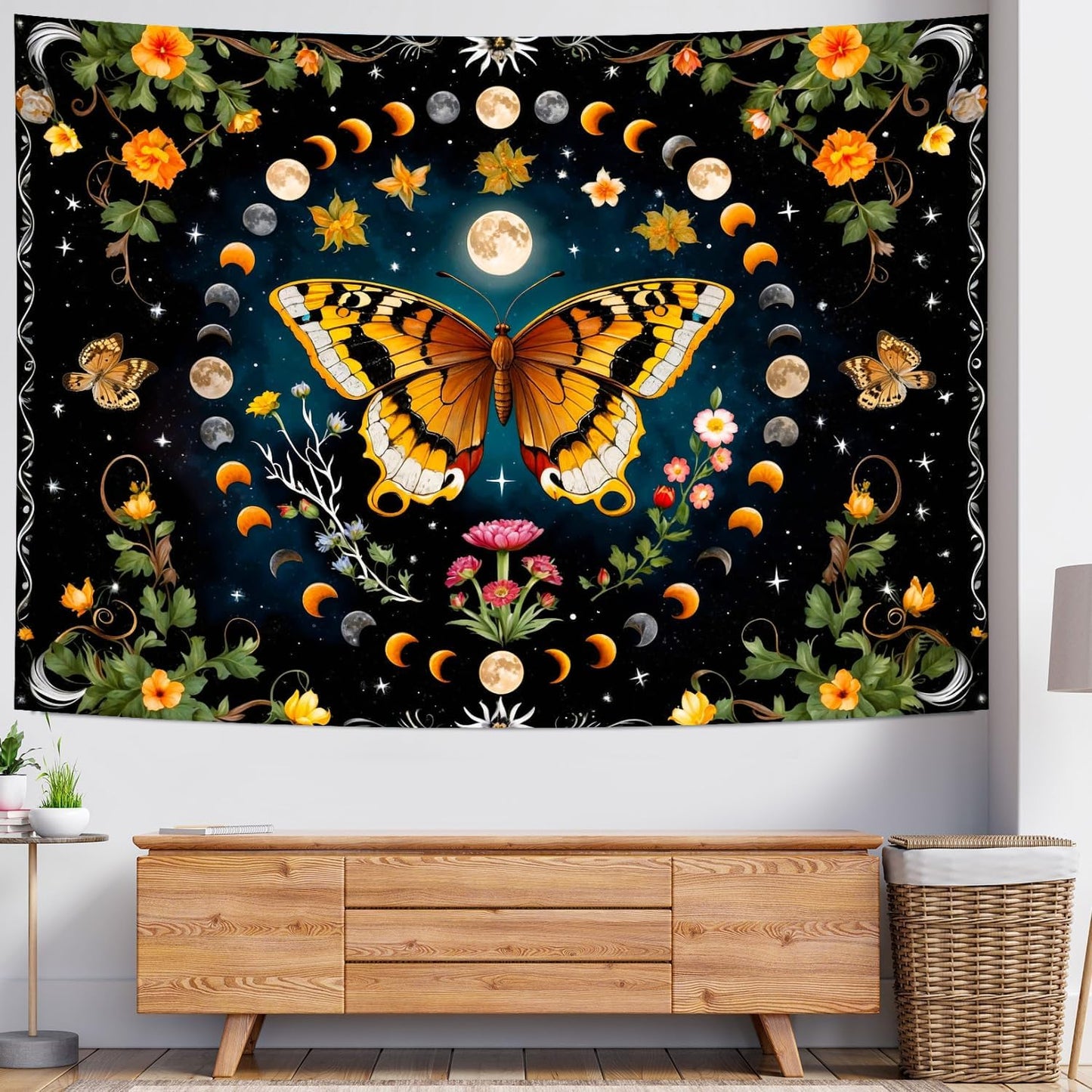Delur Butterfly Moon Flower Tapestry Botanical Floral Plant Boho Tapestry Wall Hanging Mandala Aesthetic Mushroom Retro Vintage Headboard for Bedroom Living Room Home Decor (51.2" x 59.1")