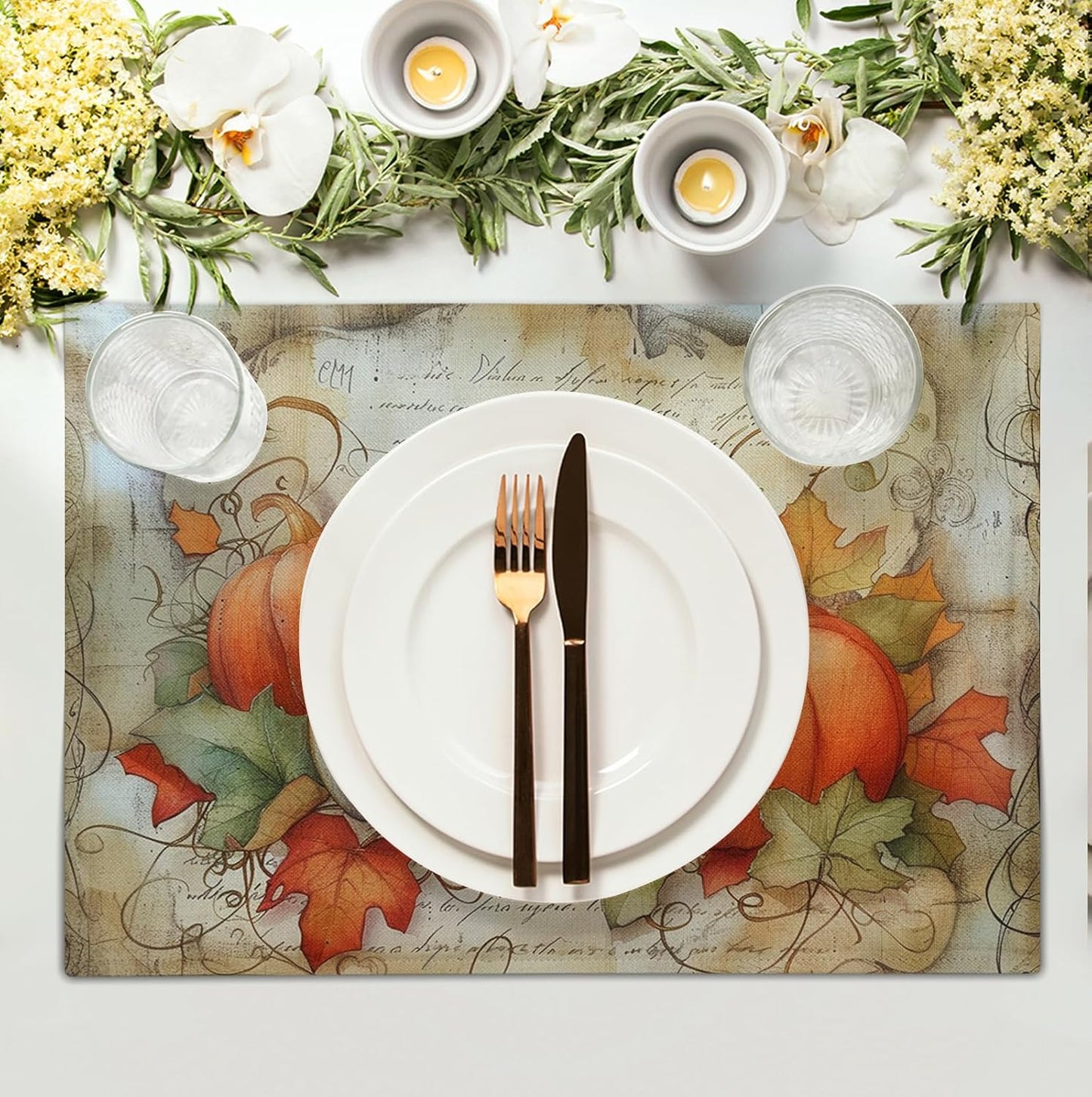 Fall Pumpkin Maple Leaf Placemats Set of 4, 12x18 Inch Vintage Autumn Harvest Rustic Leaves Table Mats Seasonal Fall Thanksgiving Washable Linen Fabric Place Mats for Party Kitchen Dining Decor