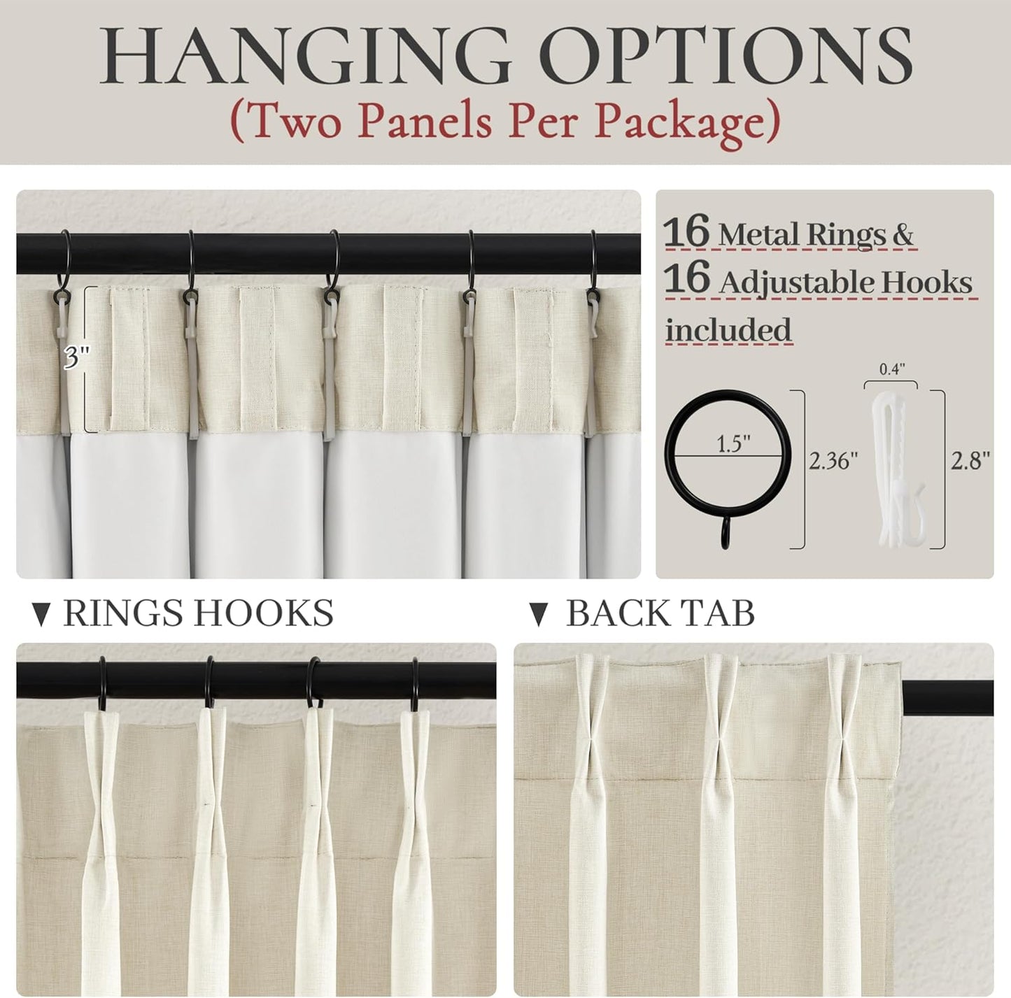 Extra Long Pleated Black Out Curtains 108 Inches Long for Living Room, Boho Cream Natural Linen Blend Patio Door Curtain with Track Back Tab 2 Panels Set Insulated Privacy Window Drapes 9 FT Length