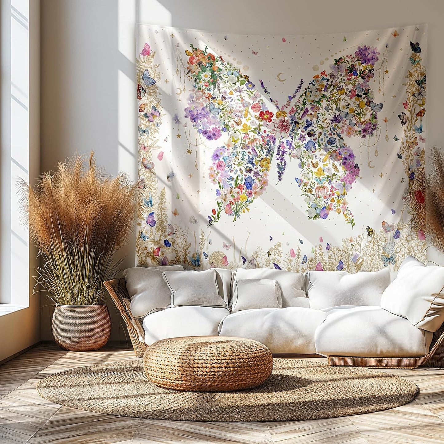 Damanse Butterfly Tapestry Wall Hanging Cute,Boho Wall Tapestry for Bedroom Aesthetic,Flower Living Room Decor for Teen Girls (White, 49.20" x 59.10")
