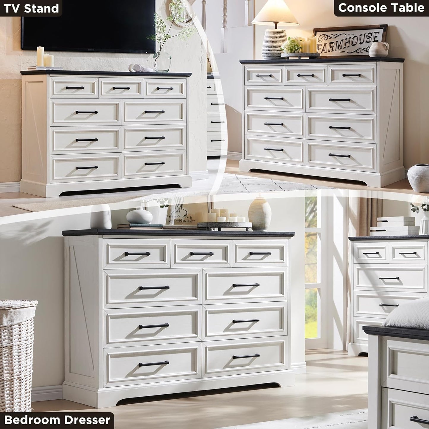 Farmhouse 9 Drawer Dresser for Bedroom, 36 Inch Tall Modern Dresser TV Stand with Large Drawers & Bar Handles, Rustic Wood Chest of Drawers for Bedroom, Living Room, Hallway, Off White