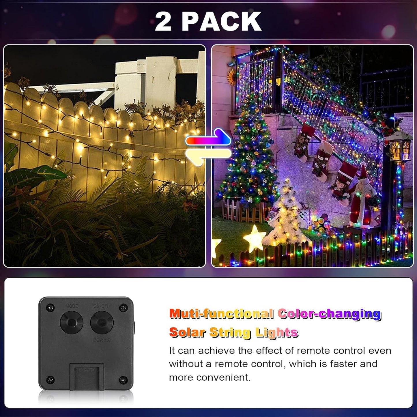 2 Pack 200 LED Solar String Lights, 8 Modes Solar Lights for Outside, Waterproof and Solar Powered Outdoor String Lights for Holiday Christmas Yard Garden Tree Wedding Party (2 Color Changing)