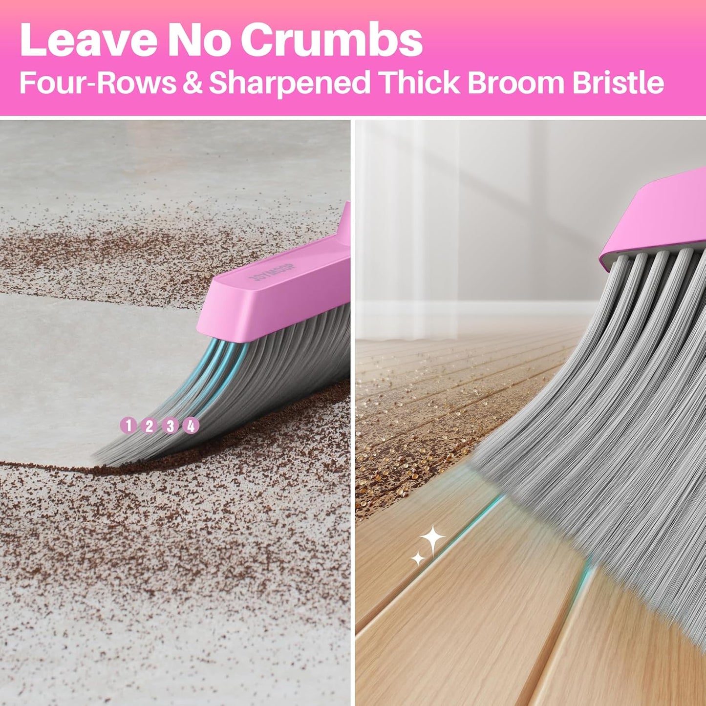 JOYMOOP Pink Broom and Dustpan Set, Upright Angle with Built-in Comb Teeth for Kitchen, Lobby, Pet Hair and Hard Floors