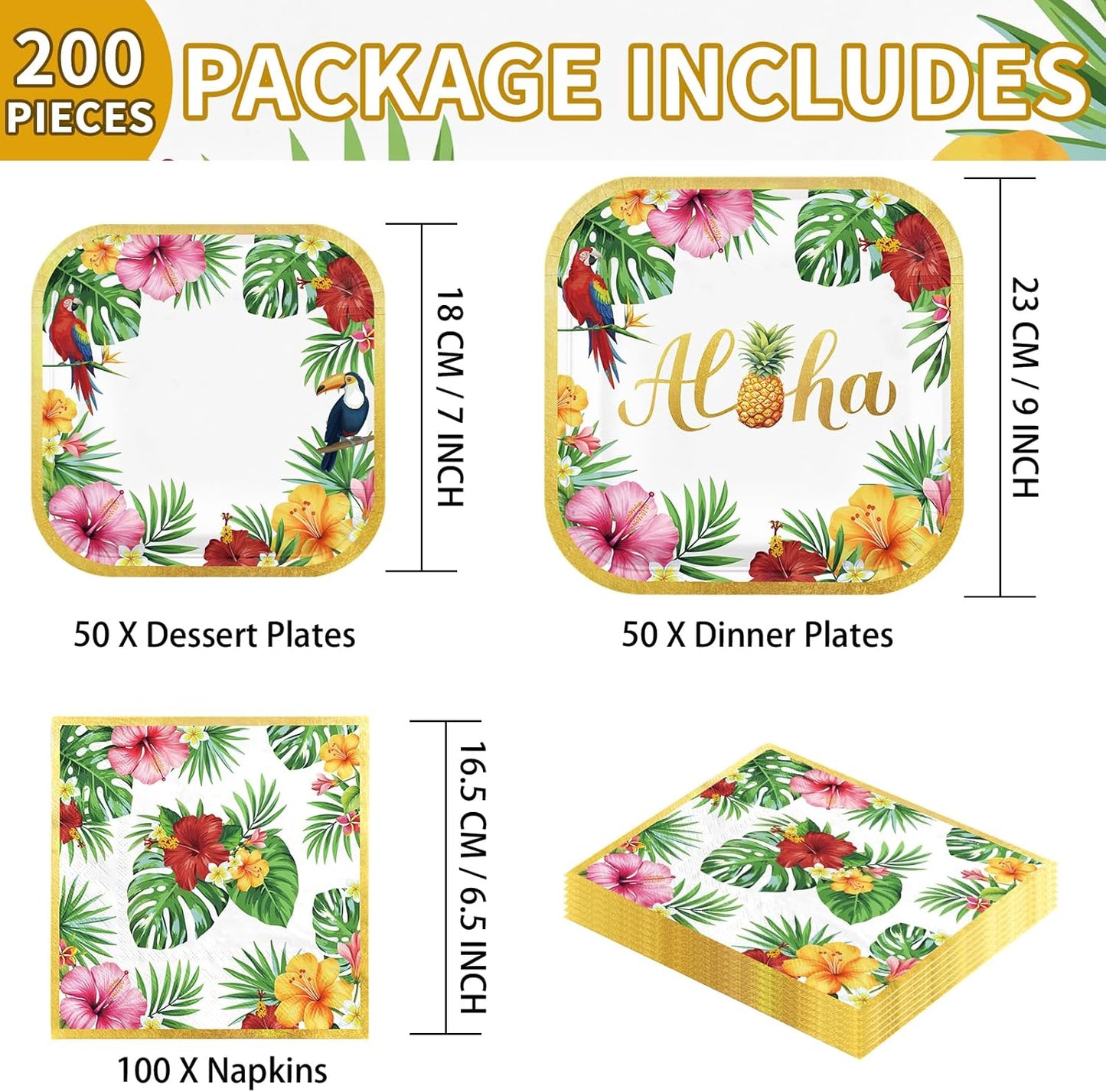 Grencian 200Pcs Hawaiian Luau Party Decorations Aloha Tropical Hibiscus Floral Luau Plates and Napkins Palm Leaf Tableware Sets for Summer Holiday Hawaiian Birthday Dinner Party Supplies Serves 50