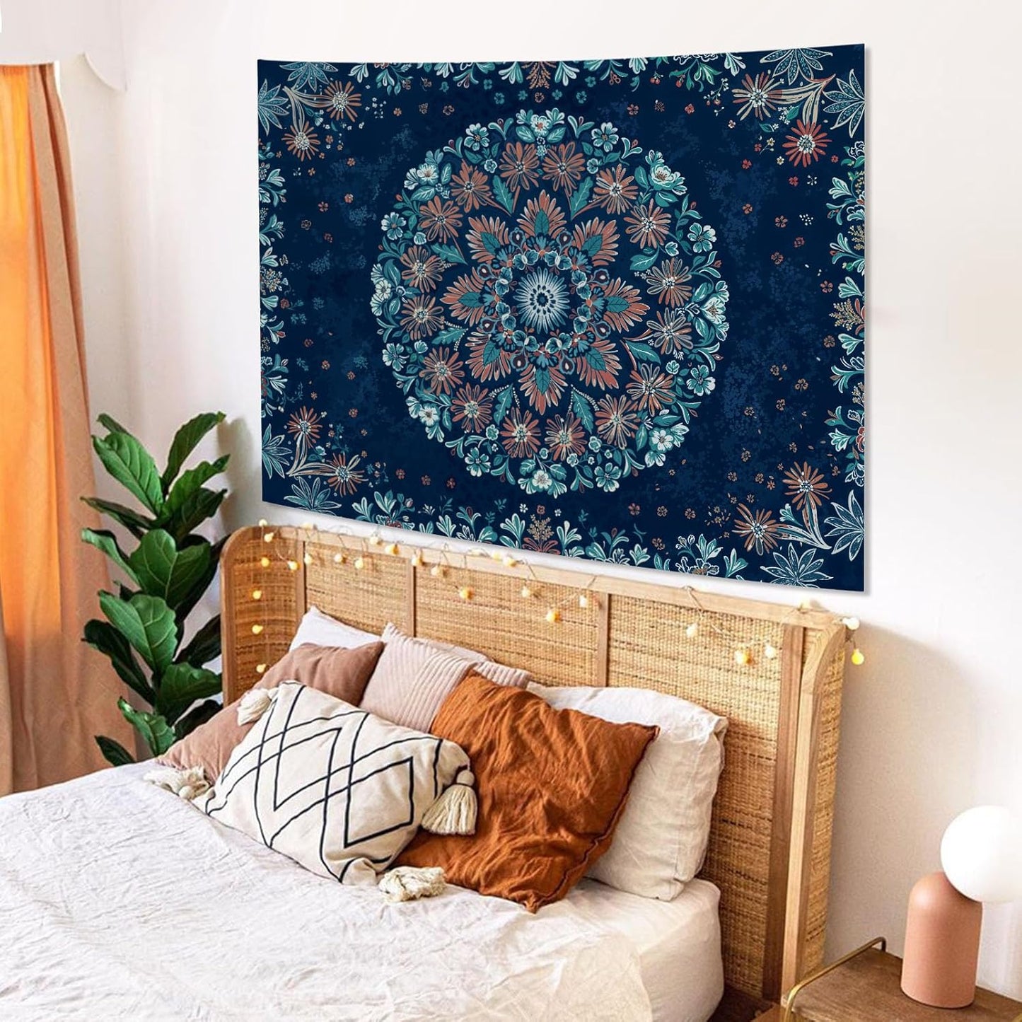 Fowocu Boho Floral Mandala Tapestry Wall Hanging Blue Bohemian Flower Medallion Tapestry Aesthetic Vintage Navy Hippie Indian Small Tapestries for Bedroom Living Room Dorm Decor 48 x 36 Inch