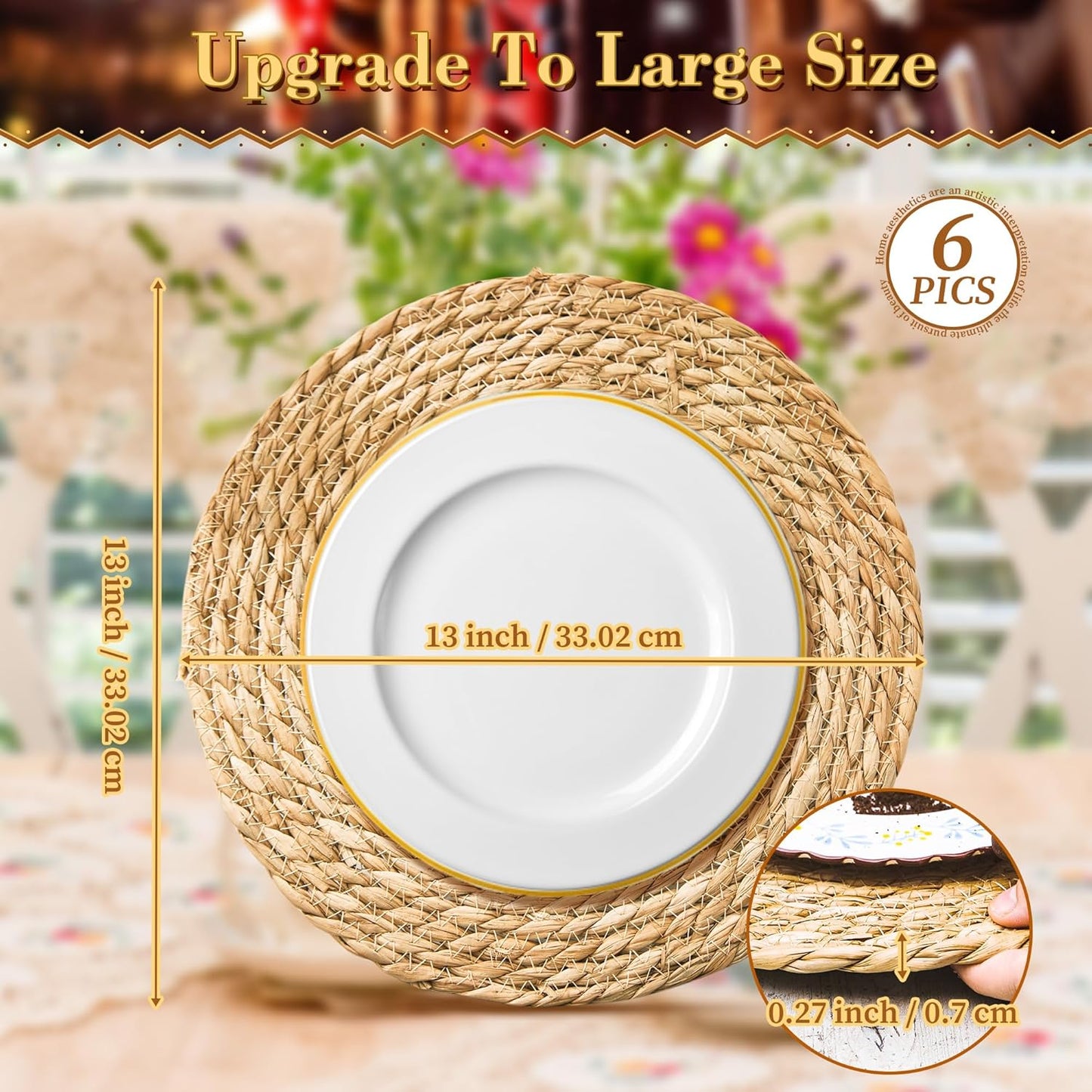 Defined Deco Woven Placemats Set of 6,13" Round Rattan Placemats,Natural Hand-Woven Water Hyacinth Placemats,Farmhouse Weave Place Mats,Rustic Braided Wicker Table Mats for Dining Table,Home,Wedding.