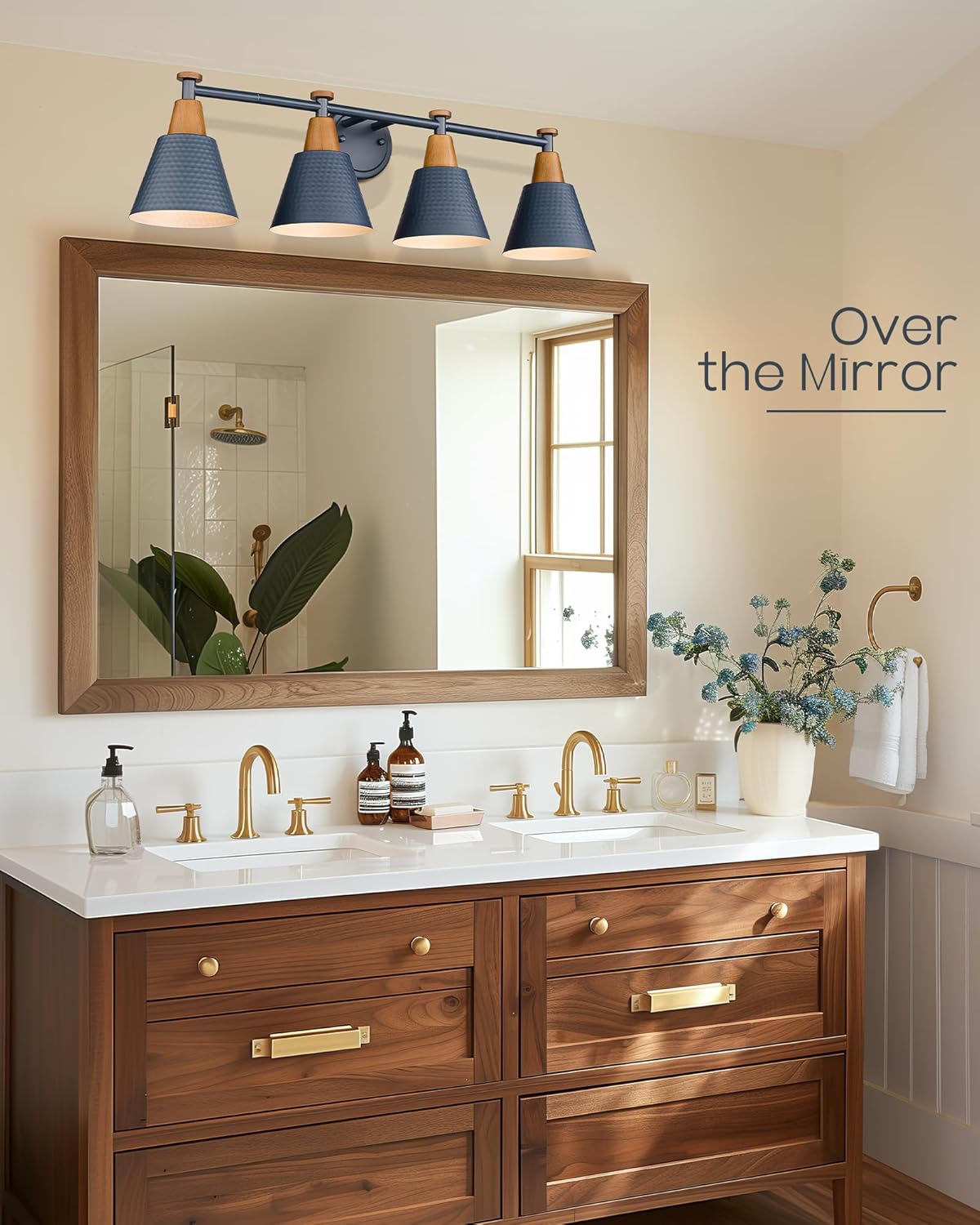 FEMILA 4-Light Bathroom Light Fixtures, Farmhouse Modern Vanity Lights Wall Lamp with Hammered Metal Shade Finish, Dark Blue, 4FG59B-4W Blue