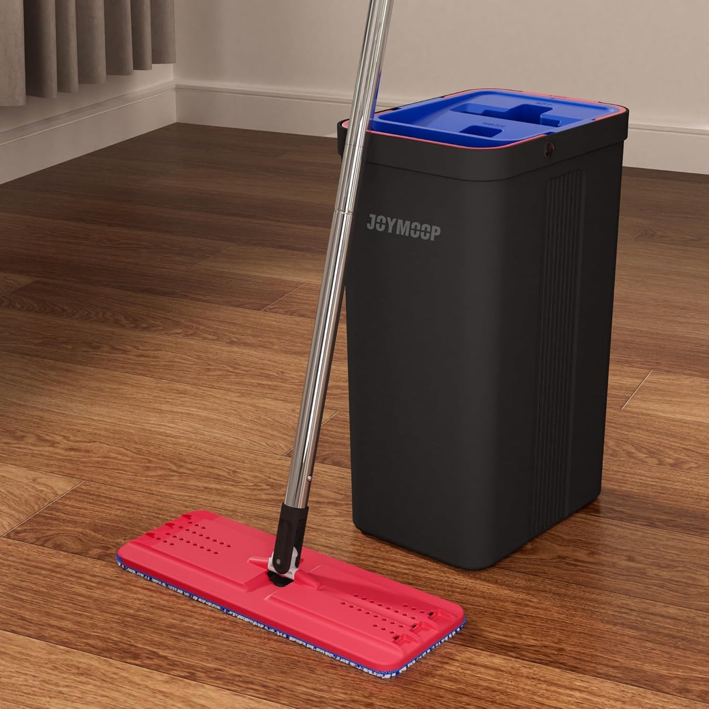 JOYMOOP Mop and Bucket with Wringer Set, Hands Free Flat Floor Mop and Bucket, with 4 Washable Microfiber Pads, Wet and Dry Use, Floor Cleaning System - Black+Red+Slate Blue