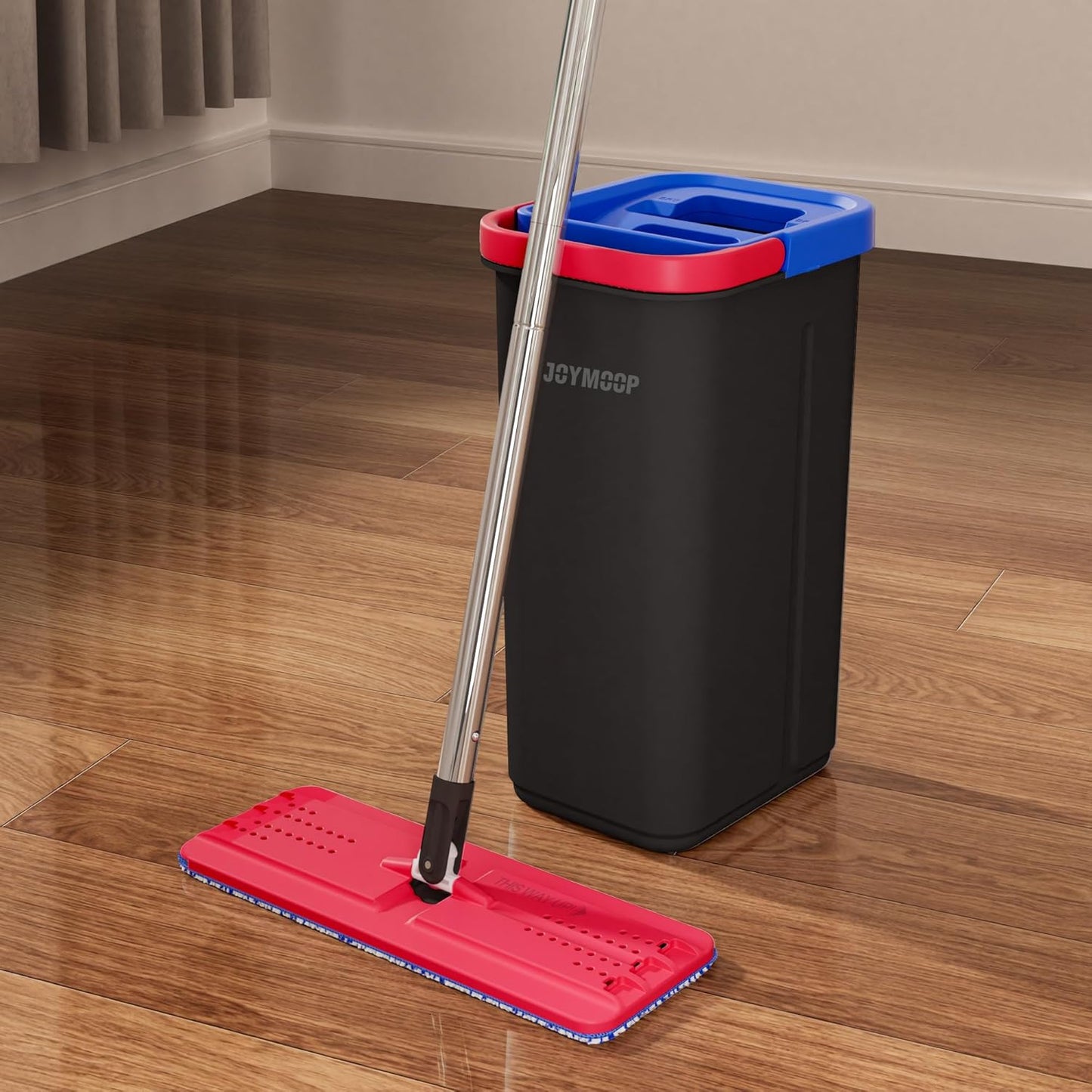 JOYMOOP Mop and Bucket Set for Home, Hands-Free Self-Cleaning System, with 3 Reusable Microfiber Mop Pads, Suitable for Floor Cleaning and Wall Cleaner - Black+Red+Slate Blue